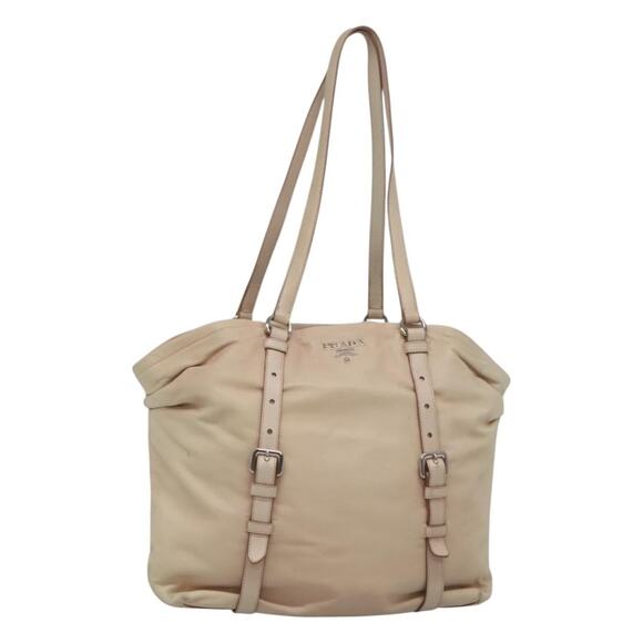 PRADA Shoulder Bag Leather Beige Silver - Picture 1 of 12